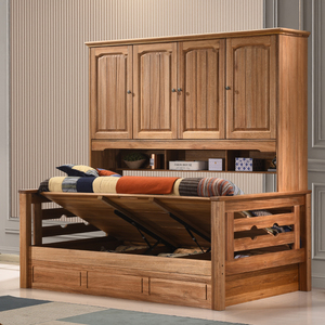 檀丝木衣柜床一体小户型带衣柜组合床实木柜子床木蜡油儿童侧柜床