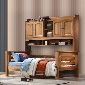 儿童床衣柜一体小户型全实木床 书架床 檀丝木侧柜床木蜡油柜子床