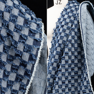 流苏牛仔提花肌理布棋盘洗水特殊再造服装外套半裙包帽设计师面料