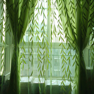 绿色柳叶胶印纱帘窗纱客厅餐厅阳台成品特价遮光窗帘布料不可洗