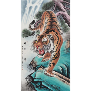 字画拍卖纯手绘国画四尺竖幅工笔老虎画下山虎猛虎下山客厅办公室