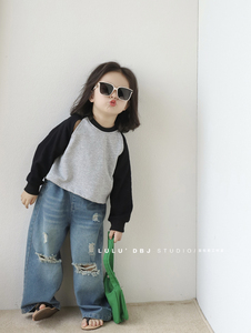 女童拼色个性卫衣2024春季韩版女童宝宝洋气纯色长袖短款休闲上衣