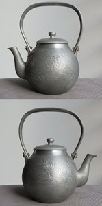 日本回流老锡器萨摩屋制正锡锡茶壶浮雕岁寒三友松竹梅茶道具点铜