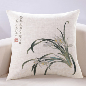 新中式抱枕中国风古典兰花靠垫红木沙发客厅亚麻棉麻小清新靠枕头