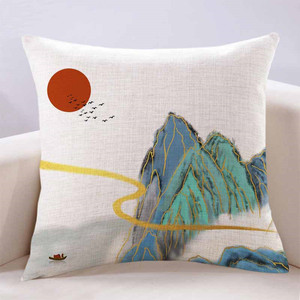 新中式山水风景抱枕烁金线中国风禅意沙发客厅亚麻靠垫枕套含枕芯