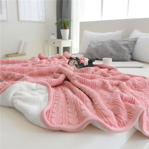 日本秋冬加厚全棉针织毛线+羊羔绒双面复合毯午睡毛绒毯婴儿毯子