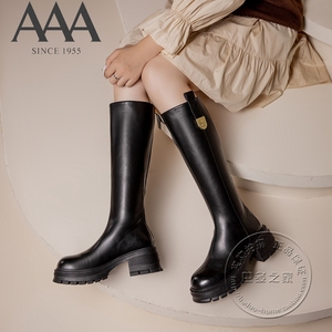 AAA女鞋PU皮靴金属扣侧拉环厚底防水台中跟后拉链单里高筒靴长靴