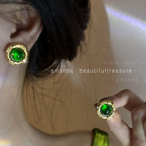 绿宝石~绿色圆球复古耳钉女 高级感中古风琉璃耳环港风银针耳饰品