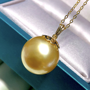 大颗天然色浓金南洋金珠吊坠18k金海水珍珠项链金珍珠单颗16-17mm