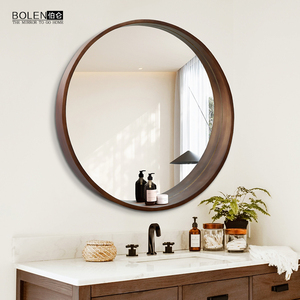 BOLEN实木圆镜子浴室镜带置物架壁挂梳妆台镜北欧ins风洗手间镜子