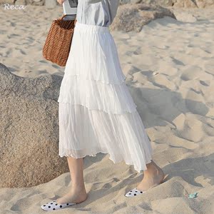 沙滩度假超仙女士夏季长裙三层雪纺白色蛋糕裙下半身…