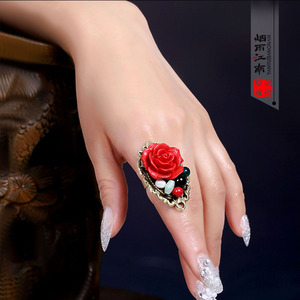烟雨江南红色玫瑰花中国风戒指食指夸张大指环复古民族风装饰品女