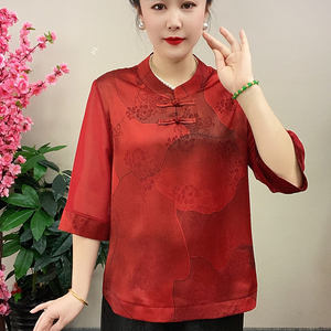 323夏季立领中国风时尚提花网红气质妈妈装中年女性上衣绿色女装