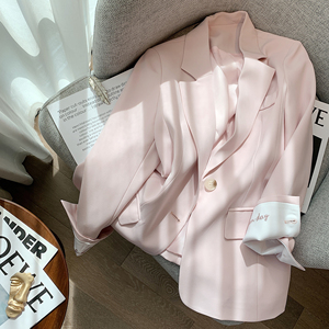 TTBT粉色西装外套女高级感春秋韩版设计感小众气质休闲刺绣小西服