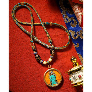 热贡高端手绘绿度母头像唐卡天珠项链