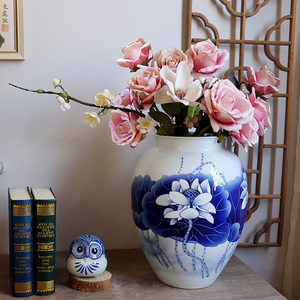 景德镇陶瓷摆件新中式客厅书房桌面仿古瓷器手绘莲花青花瓷大花瓶