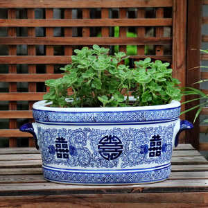 景德镇陶瓷花盆青花瓷树盆喜字双耳鱼缸兰花绿植花卉中国风种花