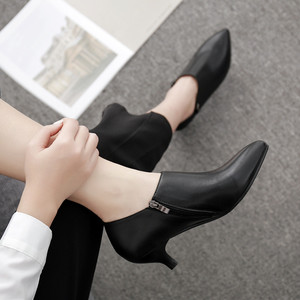 空姐工作鞋女鞋深口加绒皮鞋女黑色高跟职业工装配西装单鞋秋冬冬