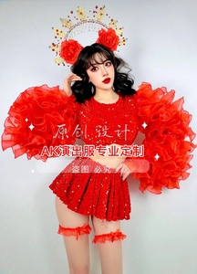 AK演出服夜店酒吧女新年红色纱大袖子小裙套装舞队gogo