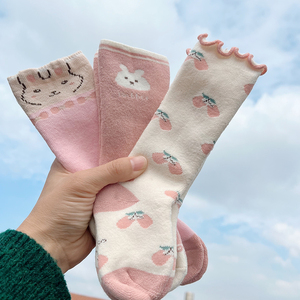 宝宝加厚毛圈袜婴儿袜冬男女童加绒中长筒毛巾袜子纯棉粉色保暖袜