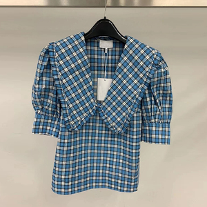 sasa法式条纹格子短袖衬衫女2022年新款夏季设计感小众娃娃领上衣