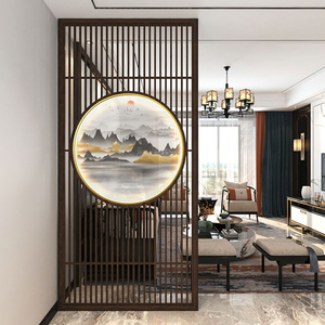 丝绢画新中式入户玄关装饰画双面隔断屏风挂画灯画客厅丝绸画纱画