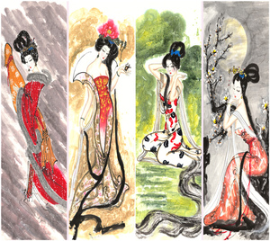四条屏 国画 四大美女,沉鱼落雁,闭月羞花【52】未装裱画芯