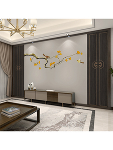 2024新中式 8d手绘银杏叶花鸟电视背景墙壁纸  丝绸布一整张墙布