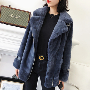 进口天鹅绒貂皮大衣女整貂机车双皮扣立领皮草外套2020新款海宁