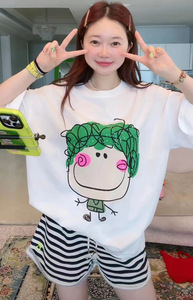 透气棉T恤23韩国波拉家夏季大码女白色大头休闲娃娃短袖T恤女