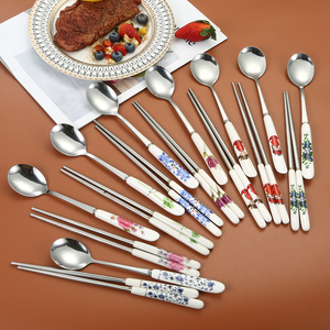 陶瓷柄不锈钢勺子韩式创意可爱长柄筷子叉勺子套装便携餐具包邮