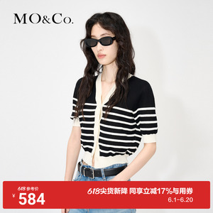 MOCO黑白条纹短V领法式设计感薄款显瘦针织衫开衫上衣
