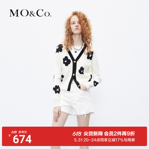 MOCO花花图案撞色V领高腰短款毛织外套修身黑白毛衣开衫