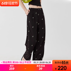 范洛2024夏季新款黑色百搭西装裤女花朵刺绣设计感休闲直筒长裤子