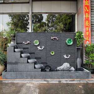 8090景观大型石材水幕墙流水屏风现代简约莲连有余酒店会所摆件