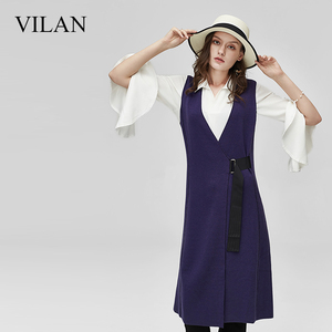 vilan/慧兰针织开衫女春装新款韩版收腰显瘦无袖中长款外套女
