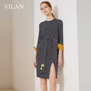 vilan/慧兰连衣裙女春装新款韩版宽松中长款印花长袖条纹长裙