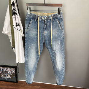 超薄透气空调裤 夏松紧腰弹力韩版修身小脚男式九分短破洞牛仔裤