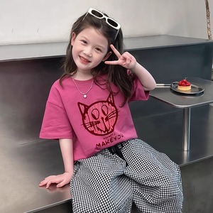 女童猫咪短袖t恤儿童洋气上衣中大童装韩版女孩小衫2024夏装新款