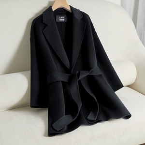 黑色小个子双面羊绒大衣女短款2023年新款高端显瘦系腰带毛呢外套