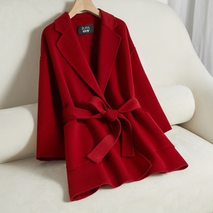 红色双面羊绒大衣女短款小个子冬季腰带时尚高级感新款羊毛呢外套