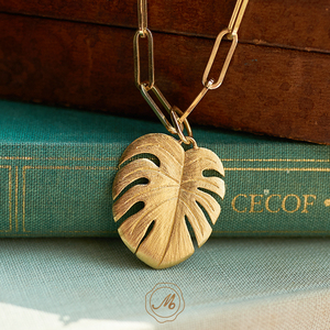 原创18k金夏日法式纯手工雕刻芭蕉叶素金大金币吊坠(不含链)