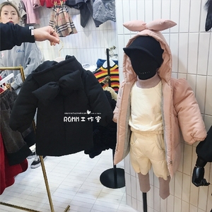 RQMM韩国代购童装17东 女童蝴蝶结泡泡袖保暖棉服 宝宝中长款外套
