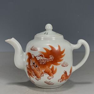 古董老物件瓷器大清同治年制矾红手绘五彩太师少保茶壶茶具水壶