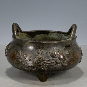 浮雕花开富贵双耳香薰炉古玩杂项古董铜器包老保真全品收藏老物件