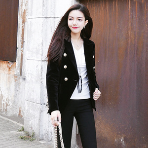 黑色丝绒双排扣小西装女 加比gaby2019早春帅气显瘦巴尔曼短外套