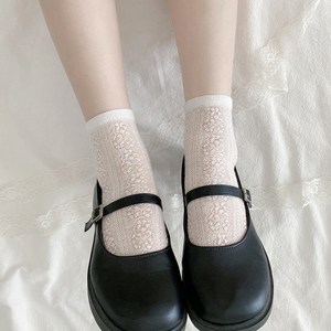 奶白色短袜夏超薄透气可爱小花竖纹花朵镂空纯棉黑色袜子清甜少女