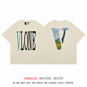 vlone春夏街头潮牌田园油画连帽宽松重磅纯棉大v印花短袖t恤男女