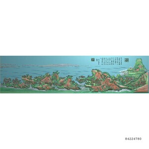 长方形带字山水长板风景床板精雕图浮雕千里江山风景灰度电脑雕刻