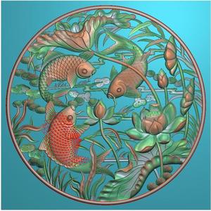 圆形镂空荷花鱼挂屏鲤鱼戏莲木雕挂屏年年有余挂件浮雕图精雕灰度